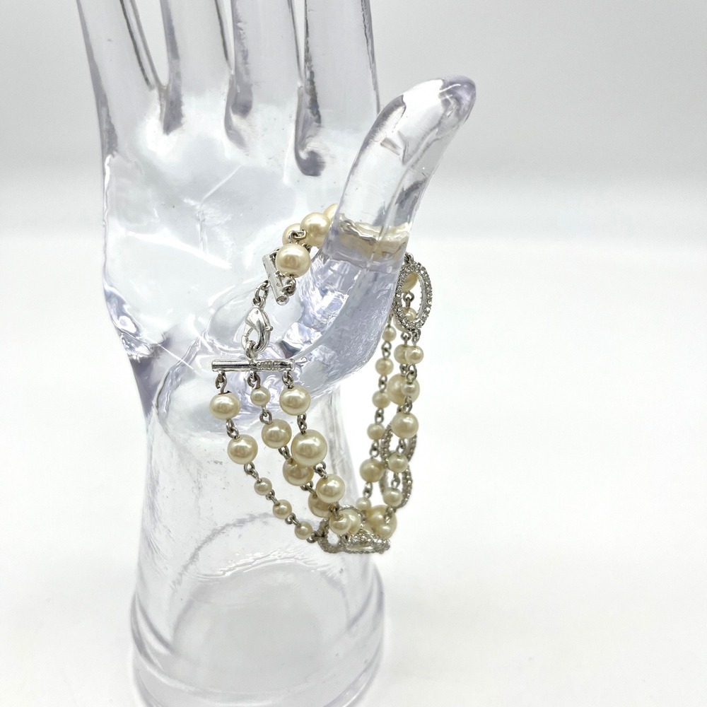 Vintage Carolee Silver Tone Multi Strand Faux Pearl Crystal Oval Link Bracelet‎